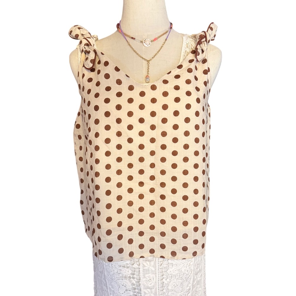 Sage‎ & Citrus Brown Polka Dot Tie Shoulder V-Neck Tank Top Womens Medium